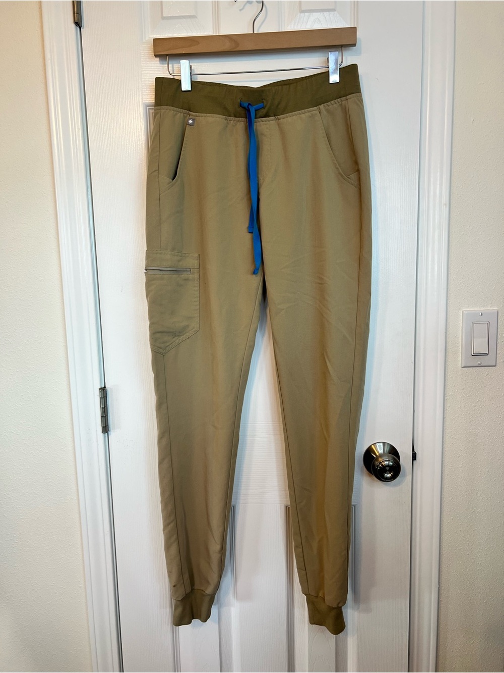 Figs Khaki Joggers with Olive Waistband and Blue Drawcord